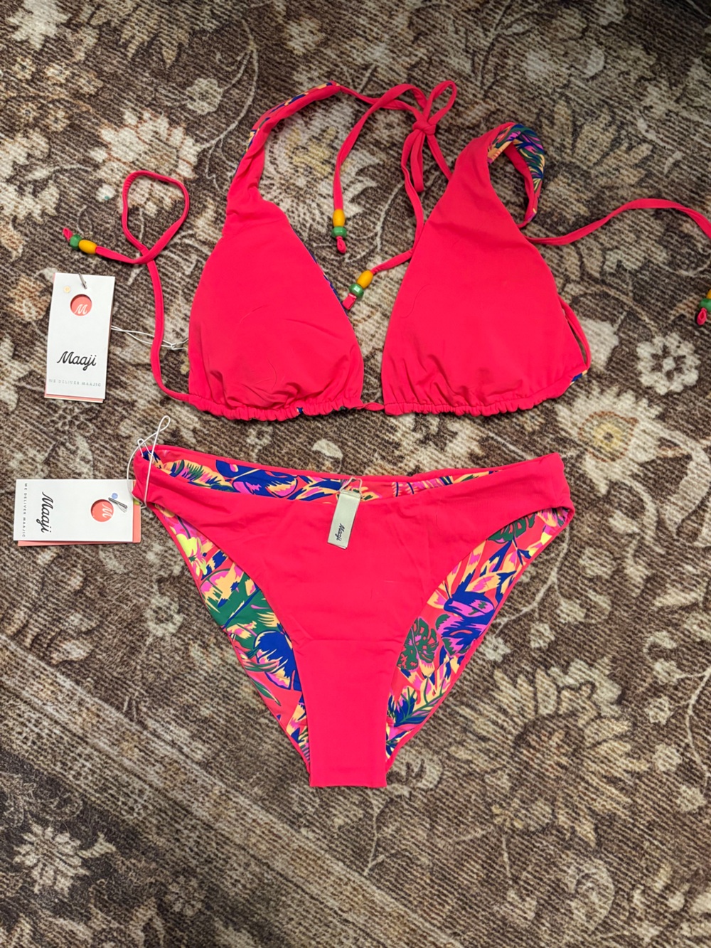 Maaji Reversible Hot Pink Triangle Bikini with Tropical Print